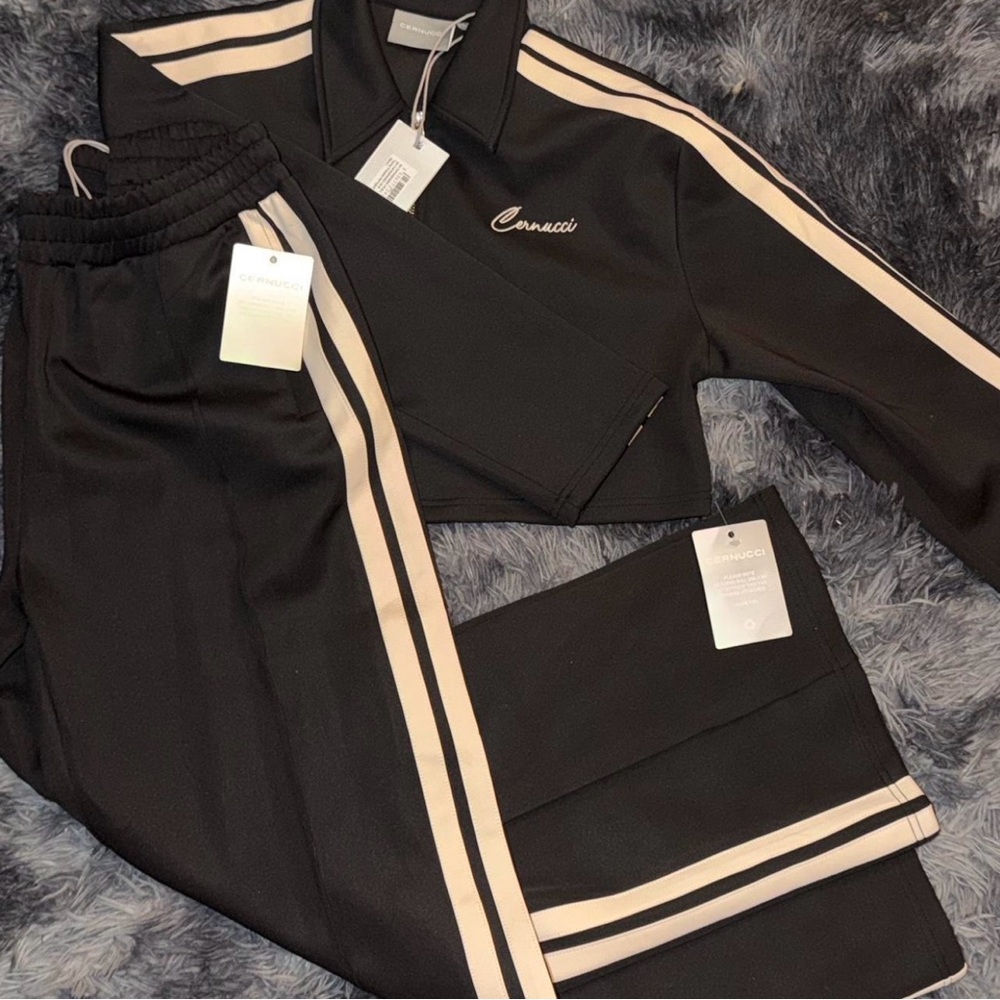 Women's Black Track Jacket & Pants with Cream Stripe